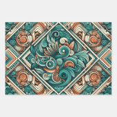 アステカ-インスパイアティール（緑がかった色）とテラコッタ模様 ラッピングペーパーシート (正面3)