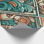 アステカ-インスパイアティール（緑がかった色）とテラコッタ模様 ラッピングペーパー (角)