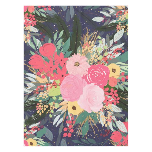 アストラエレガントル·アウラ·ウィンター·フローラ&金ゴールド·ドット テーブルクロス (正面)