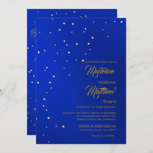 アストラル金ゴールドスターズブルースター夕べ結婚ズ 招待状 (正面/裏面)