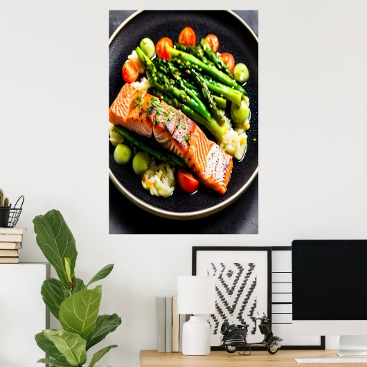 アスパラガスとトマトを添えたサーモン | AIアートポスター ポスター (ホームオフィス)