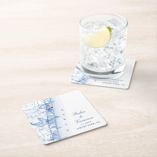 アスベリーパークNJマップ結婚式の引き出物ネイビーブルー スクエアペーパーコースター (インサイチュ)