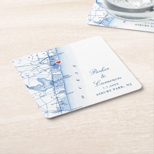 アスベリーパークNJマップ結婚式の引き出物ネイビーブルー スクエアペーパーコースター (アングル)