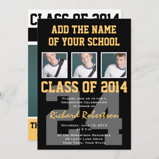 アスリートの卒業パーティーの黒および金ゴールド 招待状 (正面/裏面)