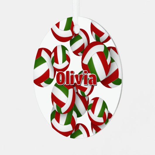 アスリート名の赤い緑のバレーボール記念ボール メタルオーナメント (正面左)