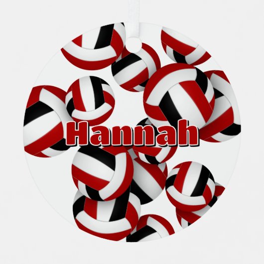 アスリート名の赤い黒のバレーボール記念ボール メタルオーナメント (正面)