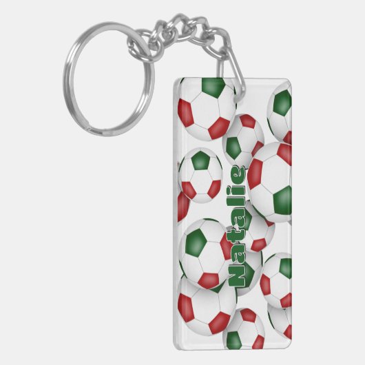アスリート名の輪が赤い緑のサッカーボール キーホルダー (正面左)