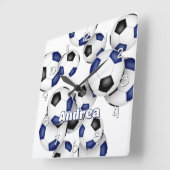 アスリート名スポーツブルーブラックサッカーボール スクエア壁時計 (傾斜)