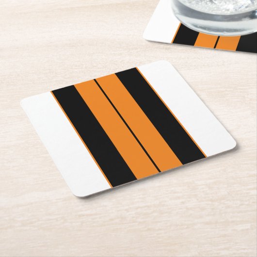 アスレチック白黒ブライトオレンジレーシングストライプズ スクエアペーパーコースター (アングル)
