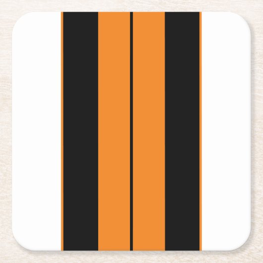 アスレチック白黒ブライトオレンジレーシングストライプズ スクエアペーパーコースター (正面)