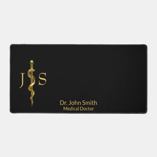 アスレピウスのロッドの古典的な医療金ゴールドオンホワイト デスクマット (正面)