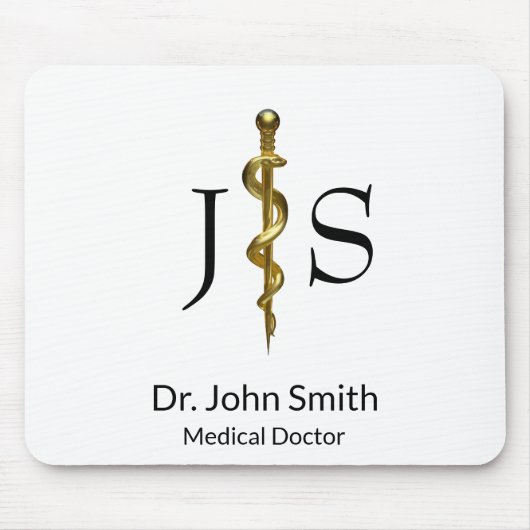 アスレピウスの高級医療ロッド金ゴールドオンホワイト マウスパッド (正面)