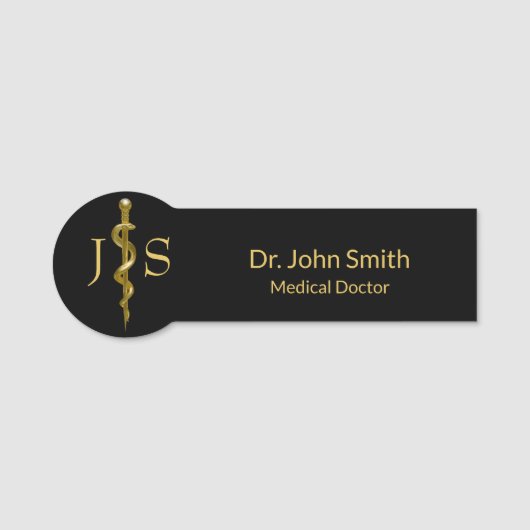 アスレピウスの黒棒に医療の上品な金ゴールド 名札 (正面)