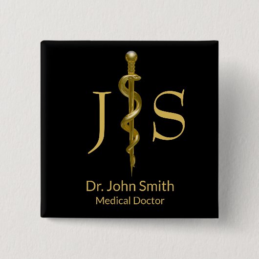 アスレピウス医療のブラックロッドの上品な金ゴールド 缶バッジ (正面)