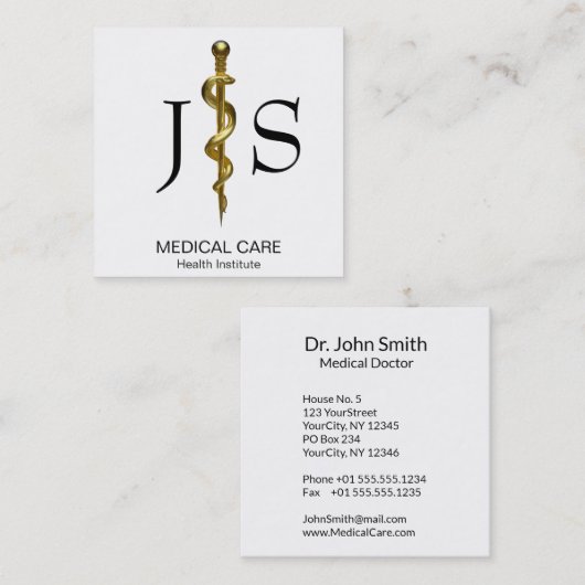 アスレピウス医療の白いロッドの上品な金ゴールド スクエア名刺 (正面/裏面)