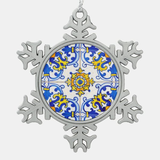 アズレジョ伝統的ポルトガルのタイル スノーフレークピューターオーナメント (正面)