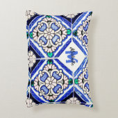 アズレスペインのホ模様タイルネイビー白モノグラム アクセントクッション (正面(垂直))