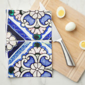 アズレスペインのホ模様タイルネイビー白モノグラム キッチンタオル (四つ折り)