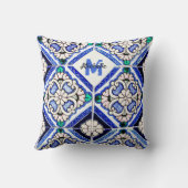 アズレスペインのホ模様タイルネイビー白モノグラム クッション (裏面)