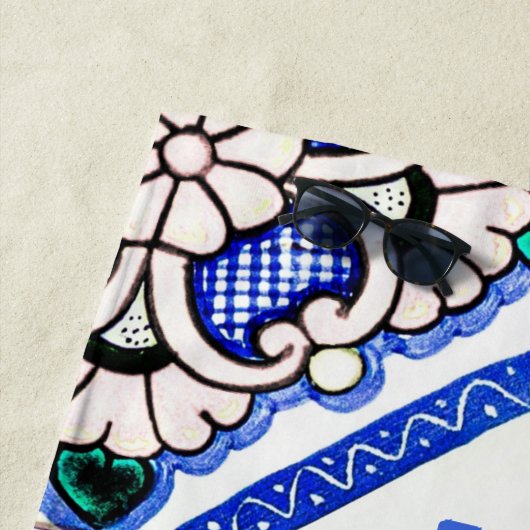 アズレスペインのホ模様タイルネイビー白モノグラム ビーチタオル (インサイチュ)