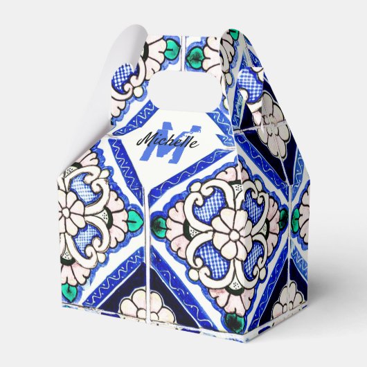 アズレスペインのホ模様タイルネイビー白モノグラム フェイバーボックス (正面サイド)