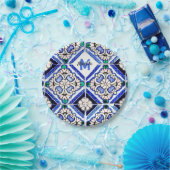 アズレスペインのホ模様タイルネイビー白モノグラム ペーパープレート (パーティー)