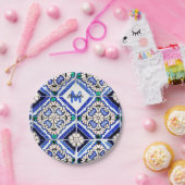 アズレスペインのホ模様タイルネイビー白モノグラム ペーパープレート (パーティー)