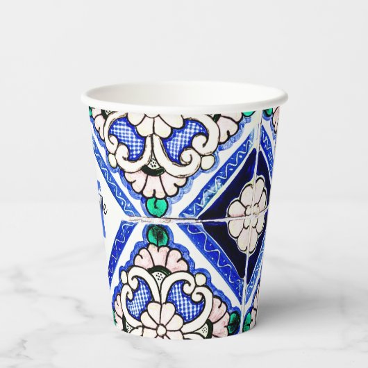 アズレスペインのホ模様タイルネイビー白モノグラム 紙コップ (裏面)