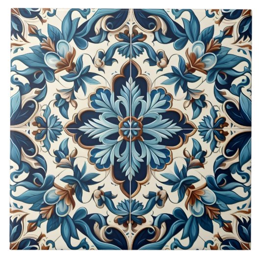 アズレホ 陶器 青タイル メディテレーニアンパターン タイル (正面)