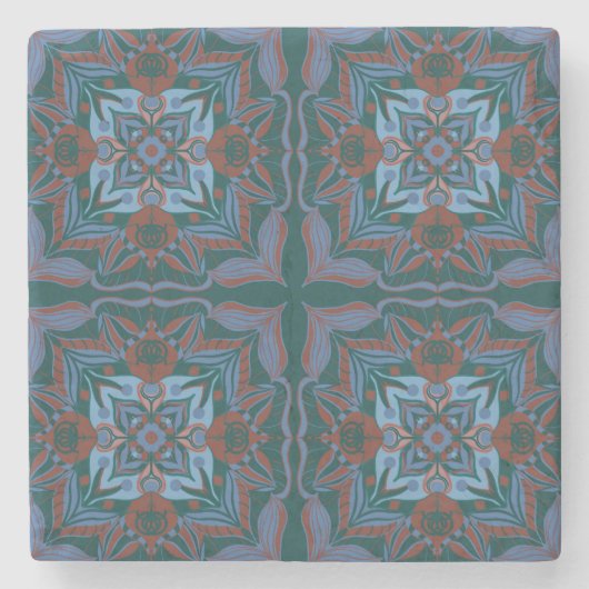 アズレ地中海のホティール（緑がかった色）フローラ ストーンコースター (正面)
