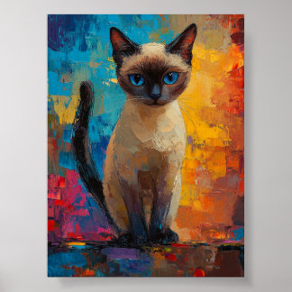 アズールに瞳のシャム猫 — 鮮やかな筆致の肖像画 ポスター