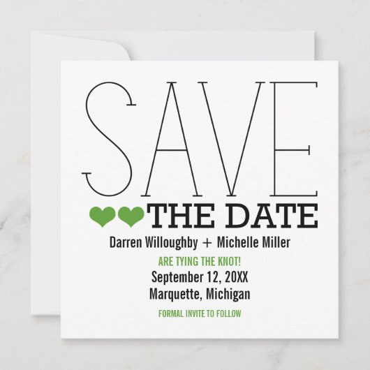 アセンブリタイポグラフィ日付の保存招待状(緑) セーブザデート (正面)