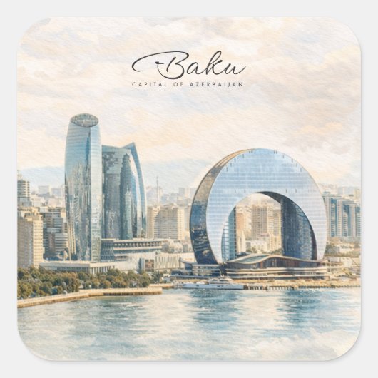 アゼルバイジャンの首都バクーの水彩画トラベルギフト スクエアシール (正面)