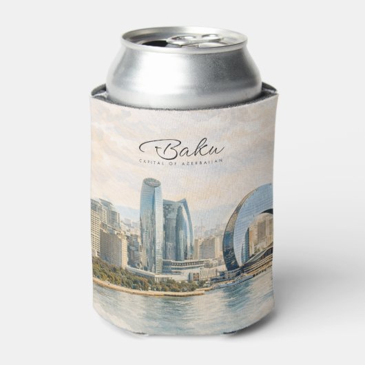 アゼルバイジャンの首都バクーの水彩画トラベルギフト 缶クーラー (缶正面)