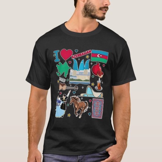 アゼルバイジャン地図ハンドドロー旅行記号文化 Tシャツ (正面)