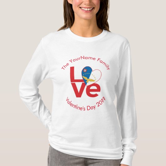 アゾーレス 赤いLOVE 旗 カスタマイズ済み Tシャツ (正面)