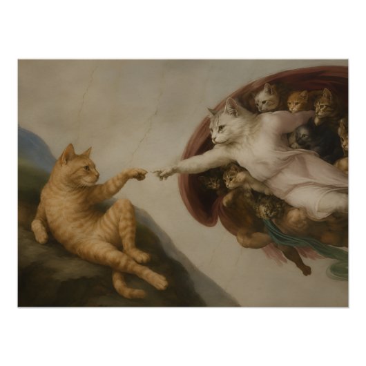 アダムの創造 猫 ルネサンス パロディ アート ポスター (正面)