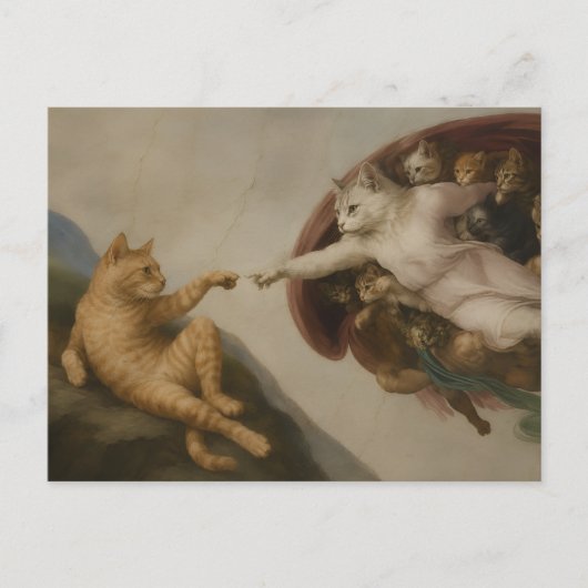 アダムの創造 猫 ルネサンス パロディ アート ポストカード (正面)