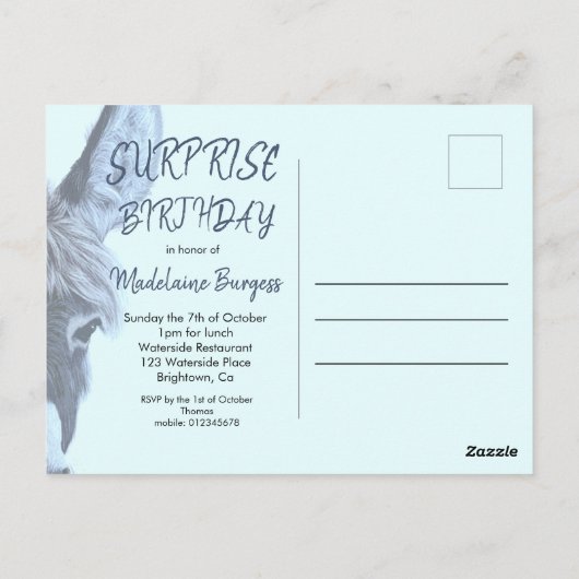 アダルトサプライズ誕生日おもしろいブルーモダン招待状 ポストカード (裏面)