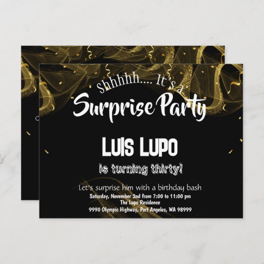 アダルトサプライズ誕生日招待状PostCardブラック インビテーションポストカード (正面/裏面)