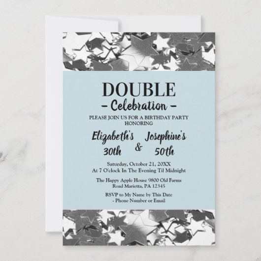 アダルトジョイントダブル誕生日ブルースカイシルバーの星 招待状 (正面)