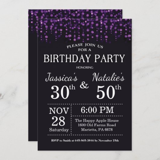 アダルトジョイントバースデーパーティーパープルグリッター 招待状 (正面/裏面)