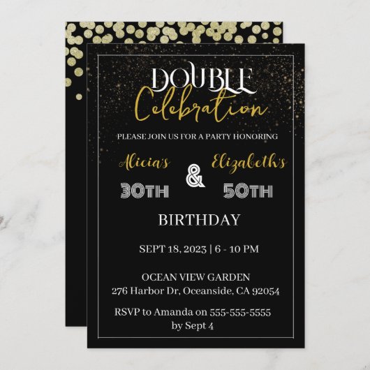 アダルトジョイントバースデーパーティーブラック&金ゴールド合成 招待状 (正面/裏面)