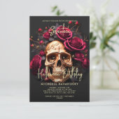 アダルトハローウィンパーティブラック金ゴールドスカルレッドローズ 招待状 (スタンド正面)