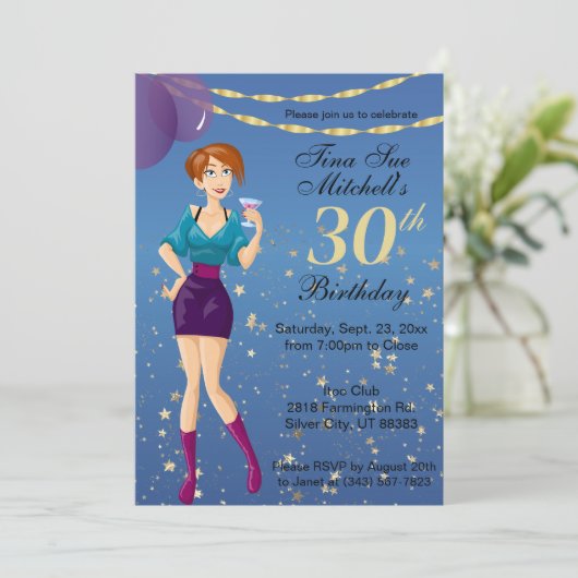 アダルトバースデーパーティーガールインブルー招待状 招待状 (スタンド正面)