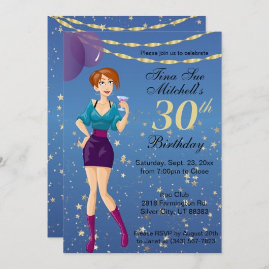 アダルトバースデーパーティーガールインブルー招待状 招待状 (正面/裏面)