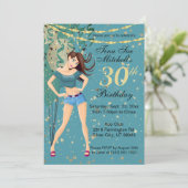 アダルトバースデーパーティーガールティール(緑がかった色)ブルー 招待状 (スタンド正面)
