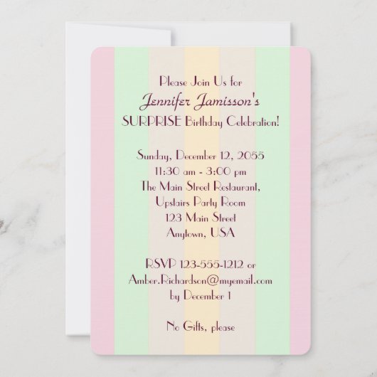 アダルトパステルストライプのサプライズパーティー招待状 招待状 (裏面)