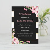 アダルト誕生日招待状白黒ピンクフラワーズ 招待状 (スタンド正面)