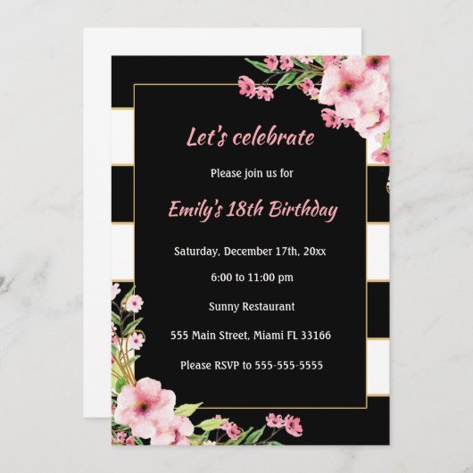 アダルト誕生日招待状白黒ピンクフラワーズ 招待状 (正面/裏面)